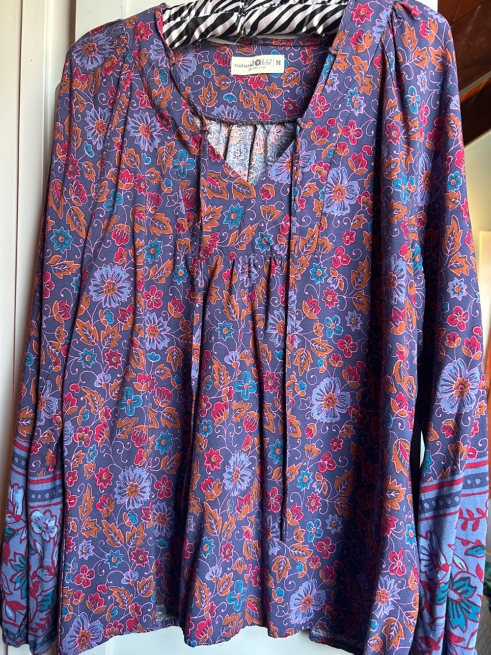 NATURAL LIFE Purple Floral Peasant Top with Rust & Teal Accents
